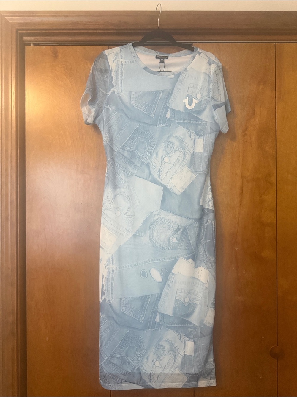 True Religion Light Blue Denim-Print Midi Dress